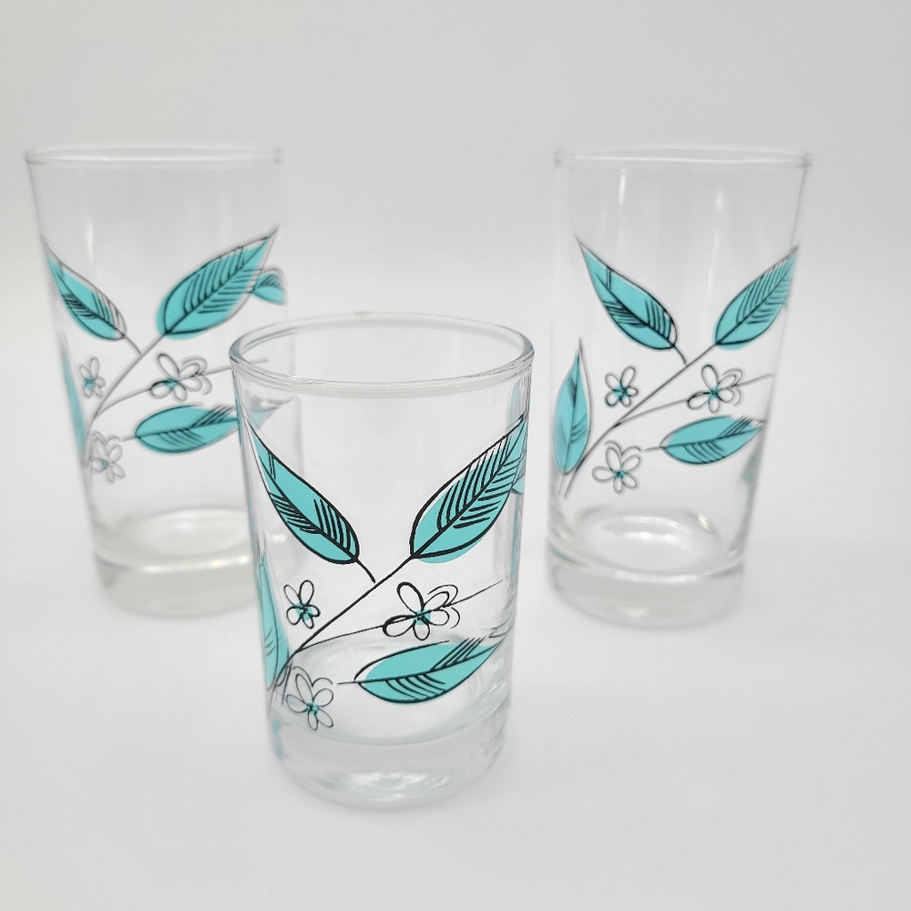 Royal Windsor Salem Biscayne Tiffany‎ Blue Leaf Glassware Set Of 3 Retro MCM